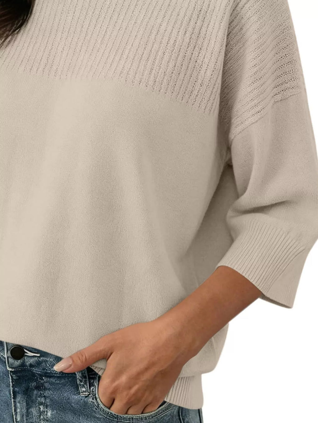 Elegant Crew Neck Eyelet Ribbed Sweater