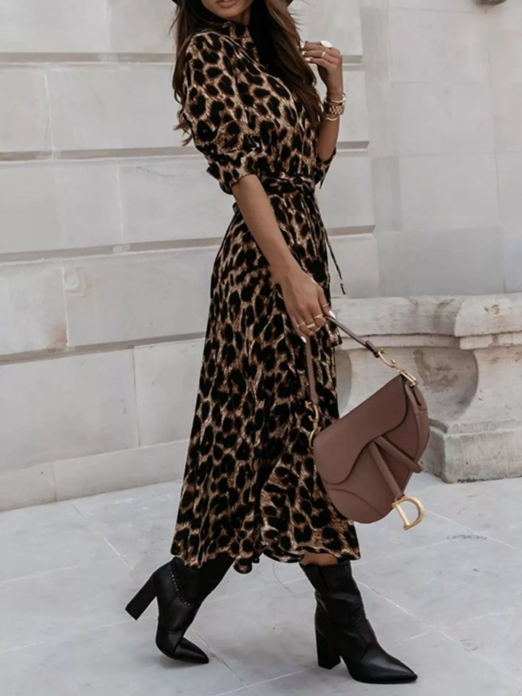 Leopard Print Button-Down Midi Dress with Belt