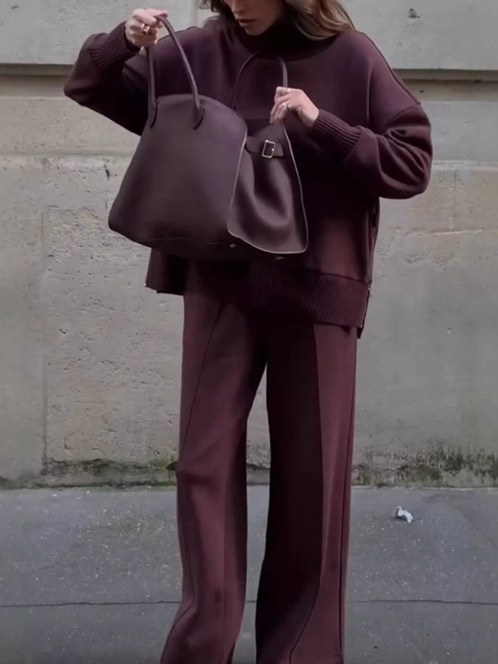 Turtleneck Dropped Shoulder Top and Pants Set