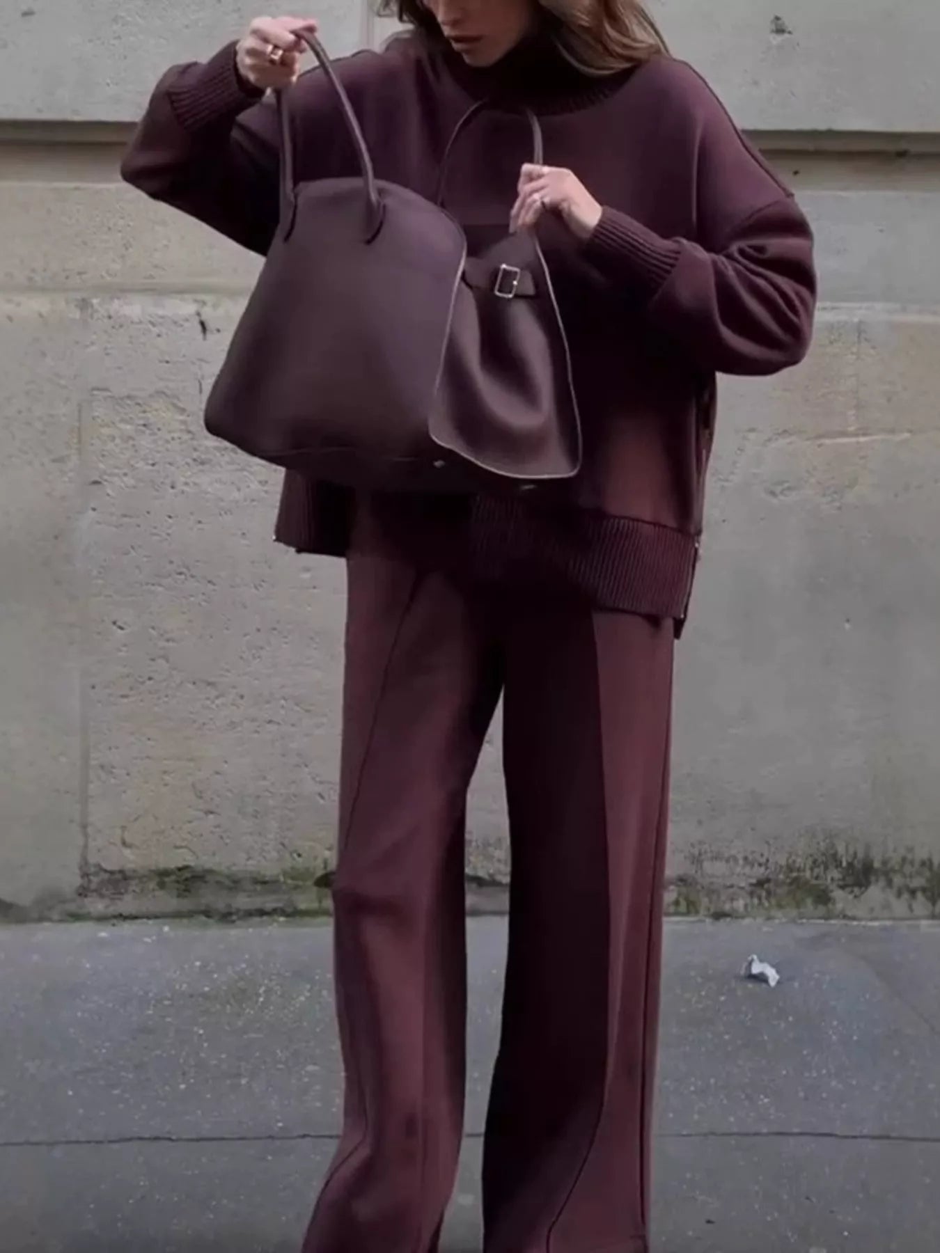 Turtleneck Dropped Shoulder Top and Pants Set