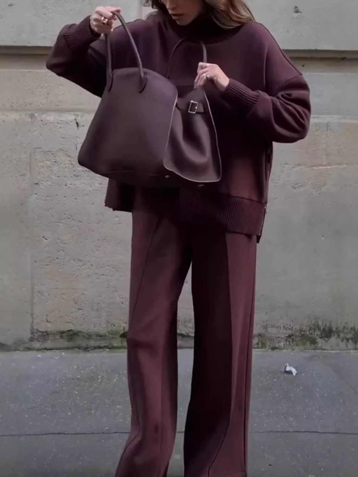 Turtleneck Dropped Shoulder Top and Pants Set