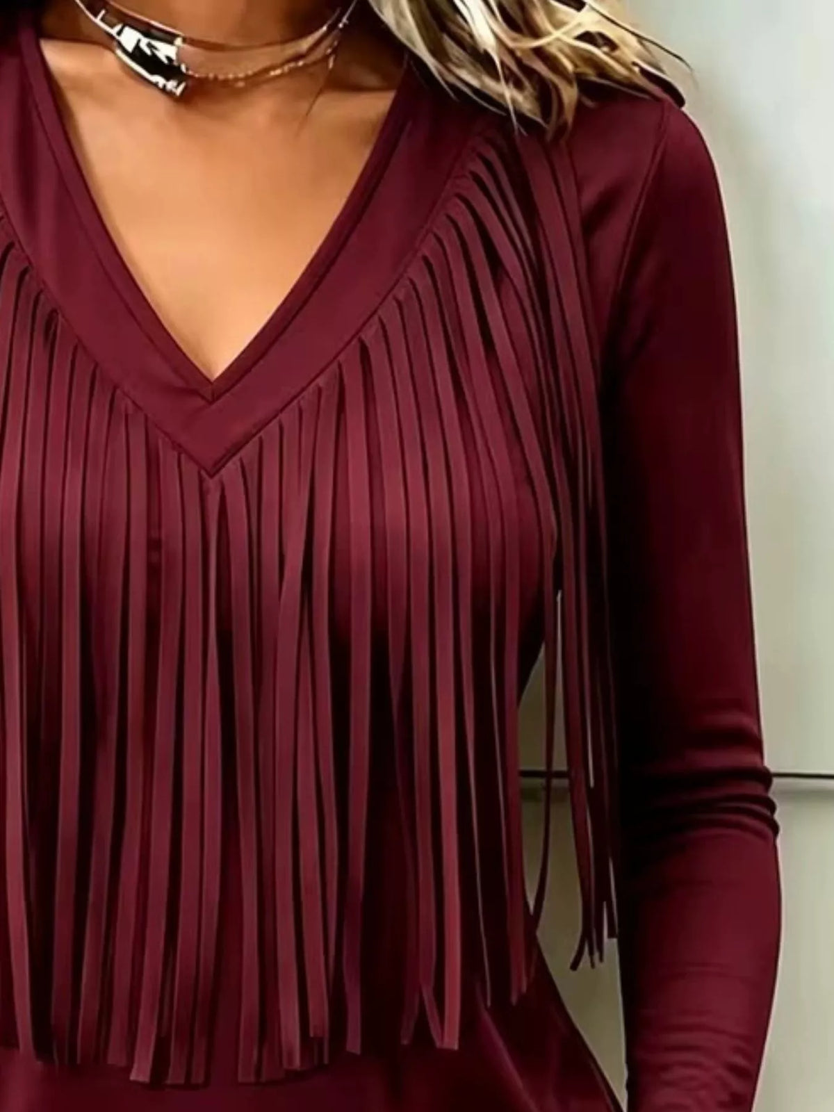 Fringe V-Neck Long Sleeve T-Shirt