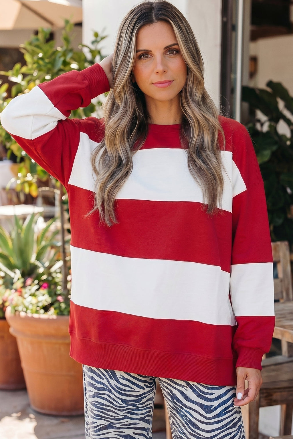 Fiery Red Colorblock Drop Shoulder Baggy Sweatshirt