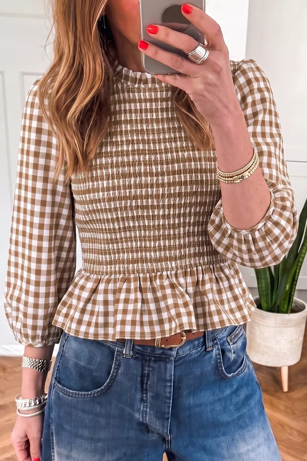 Gingham Smocked Ruffled Hem Blouse