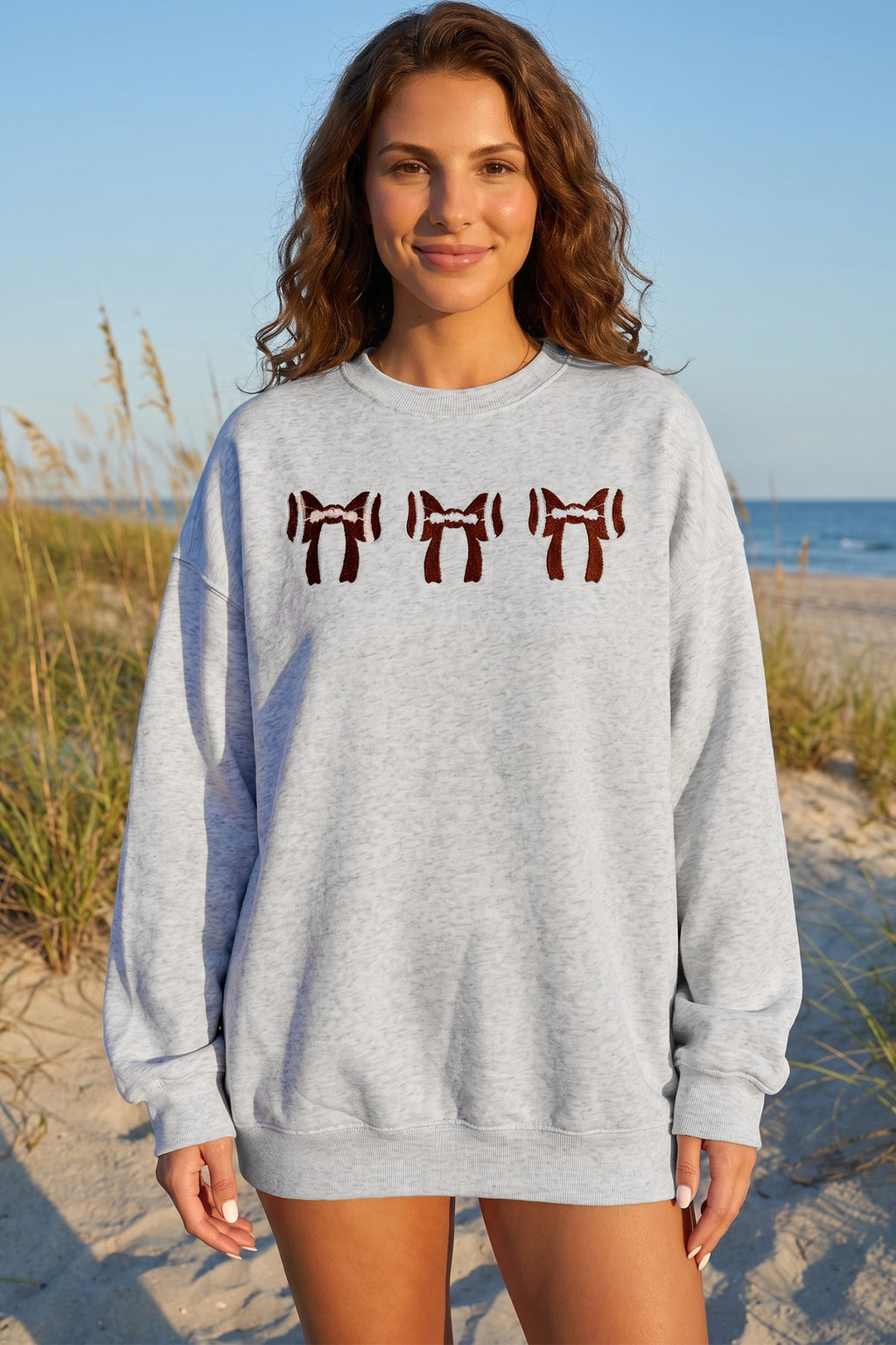 Gray Chenille Embroidered Rugby Bow Game Day Oversized Sweatshirt