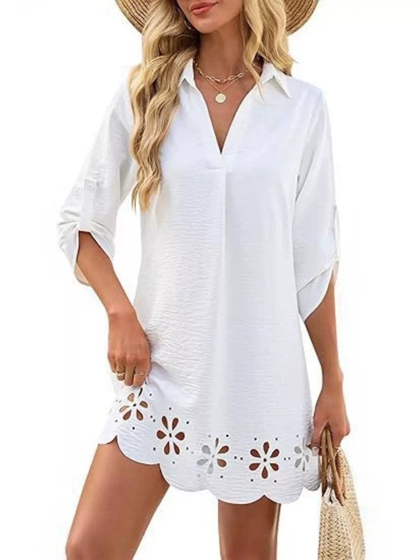 Scalloped Eyelet Hem Roll-Up Sleeve Dress