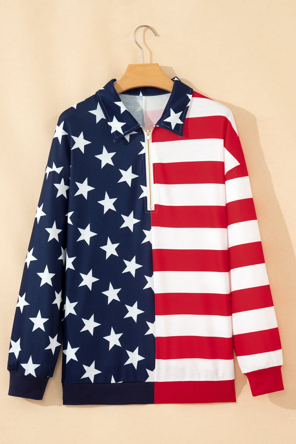 Multicolour Stars Stripes American Flag Zipped Collar Oversized Sweatshirt