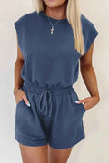 Round Neck Drawstring Waist Sleeveless Romper