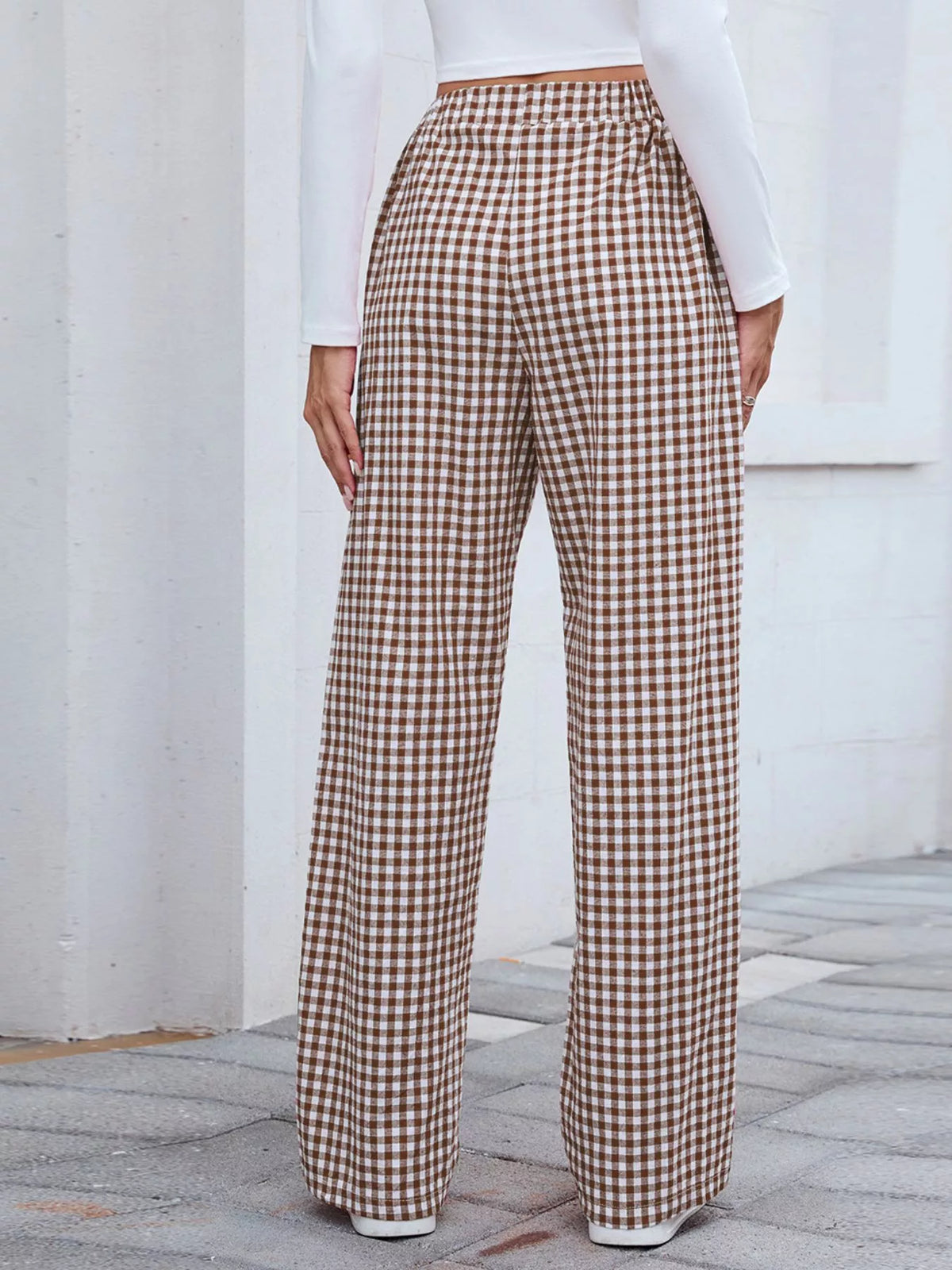 Plaid Wide-Leg Cotton Pants with Side Pockets