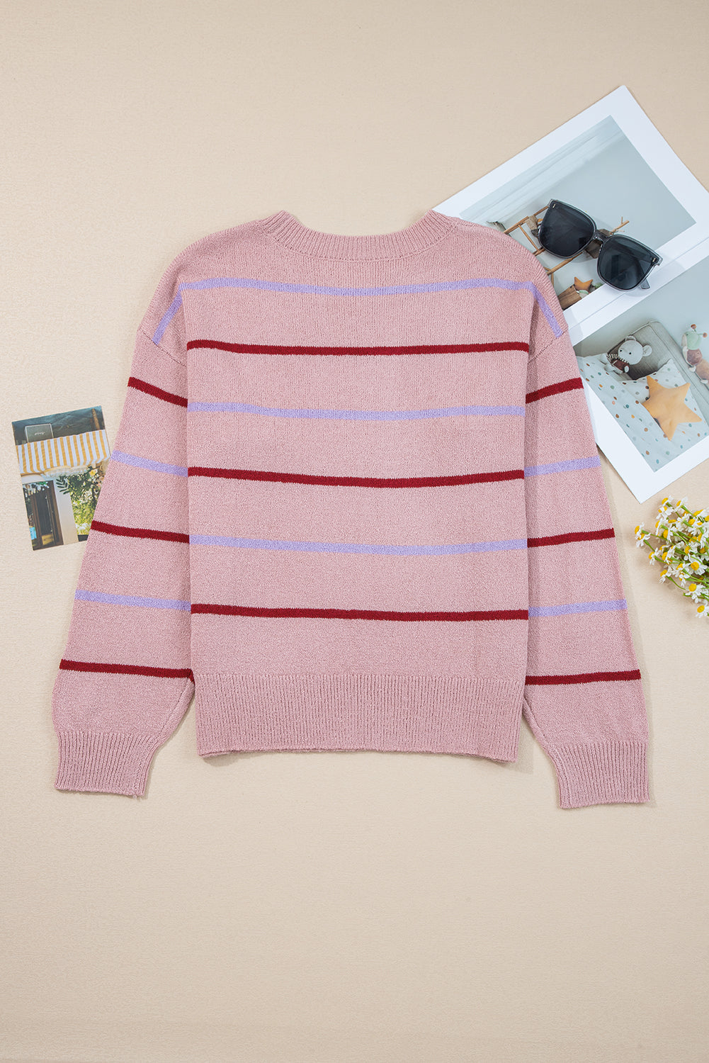 Stripe Ribbed Trim Drop Shoulder Sweater