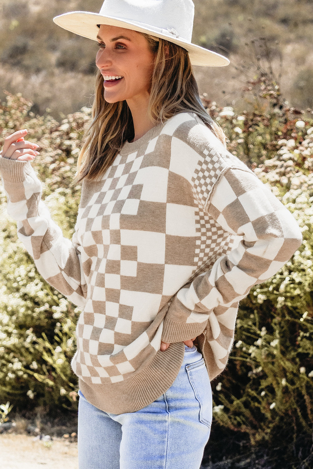 Checker Round Neck Drop Shoulder Sweater