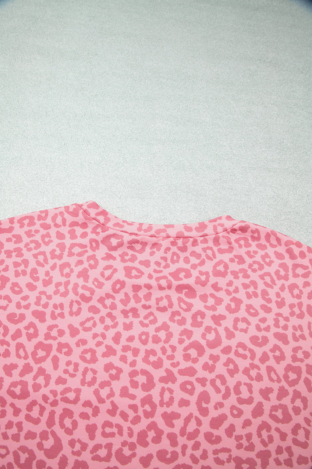 Pink Leopard Print Varsity Striped Detail 3/4 Sleeve Top Shift Pant Set