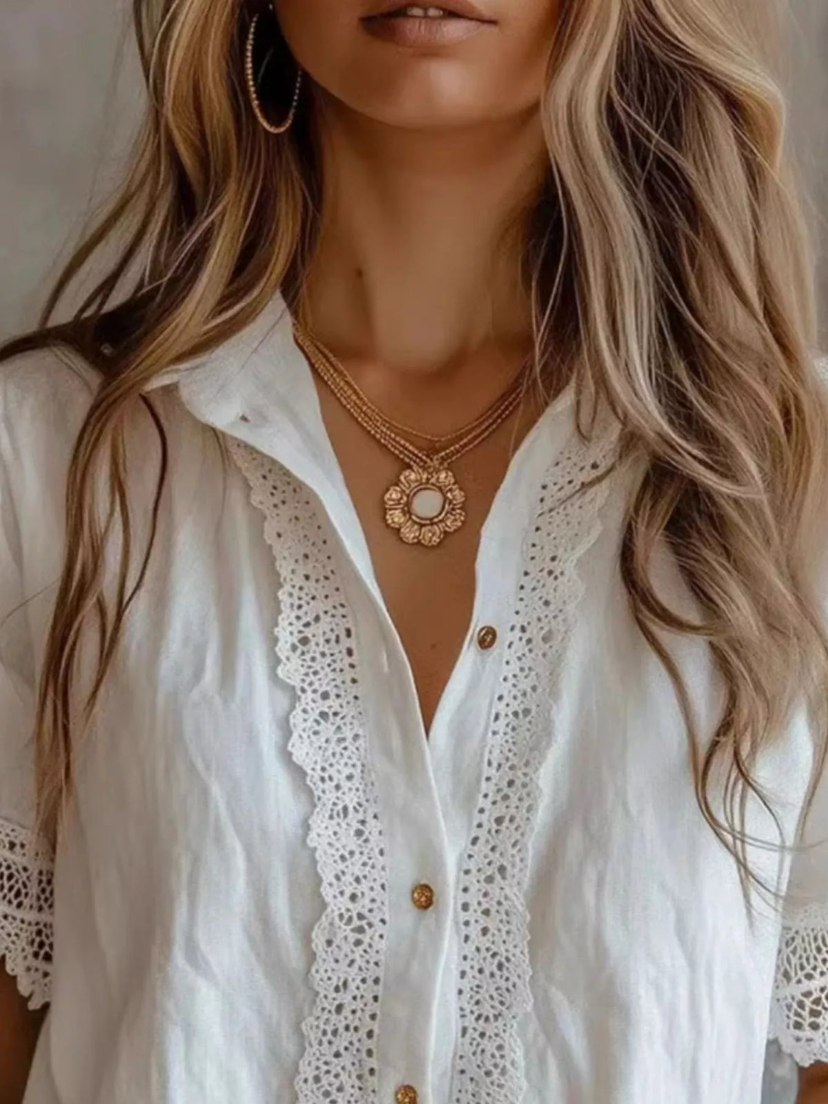 Lace-Trimmed Short Sleeve Button-Down Shirt
