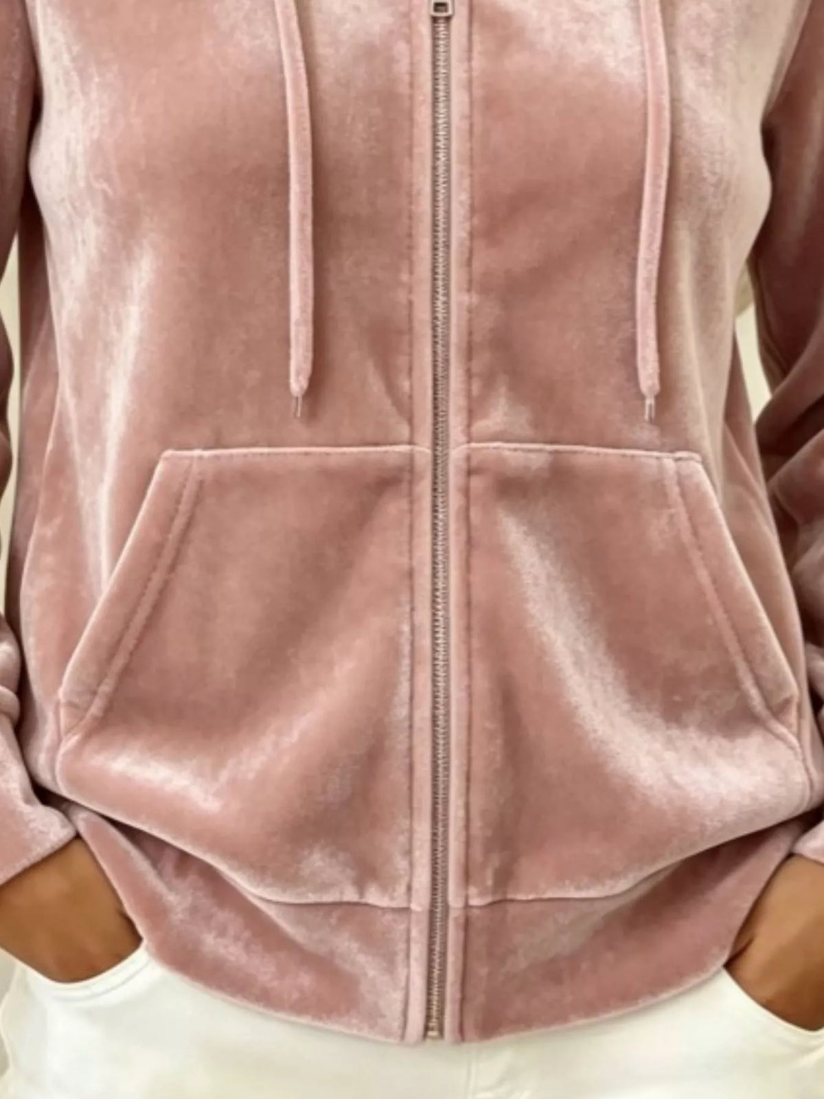 Full Size Velvet Zip-Up Outerwear with Drawstring Plus Size