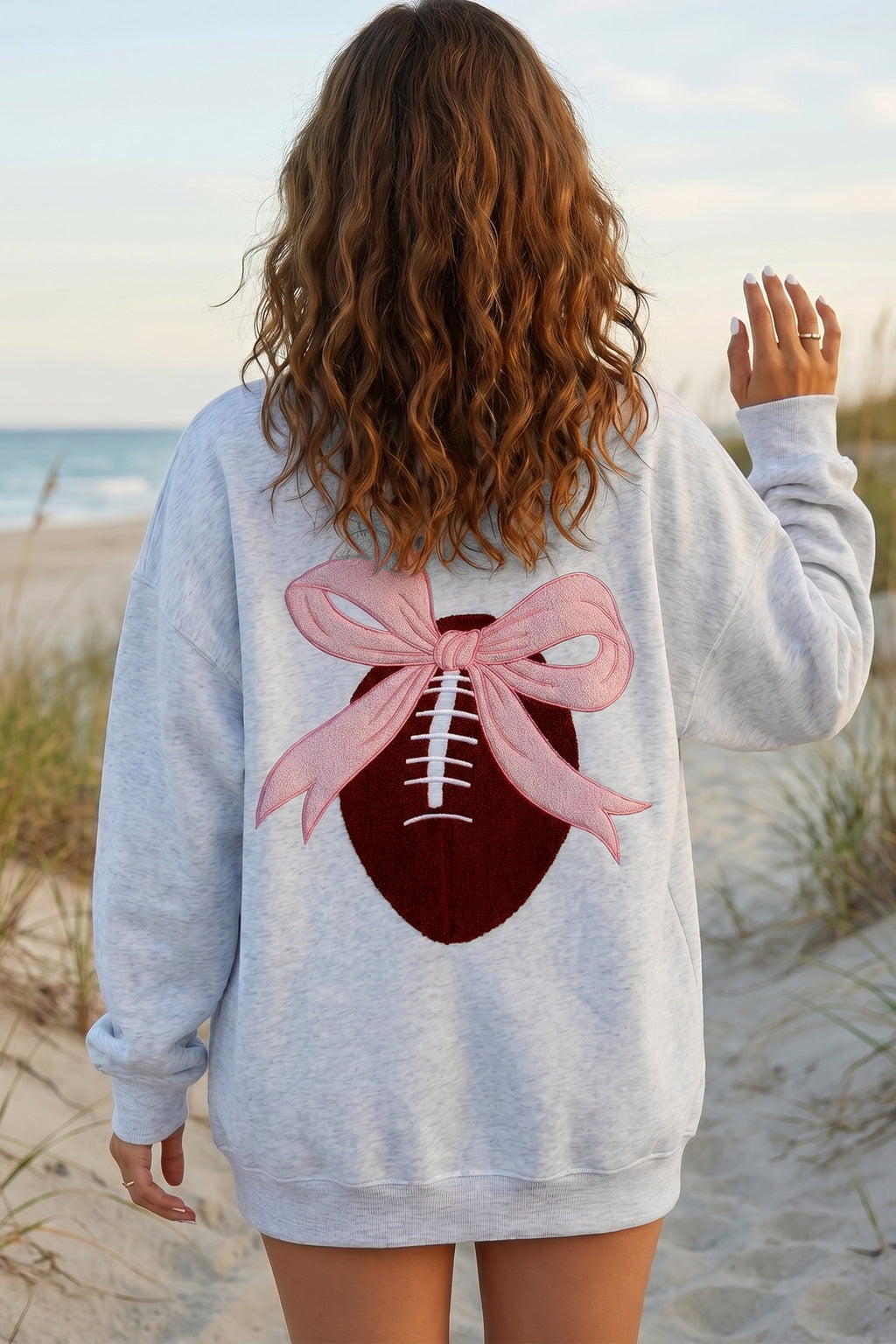Light Grey Embroidered Football Bow Back Long Sleeve Sweatshirt