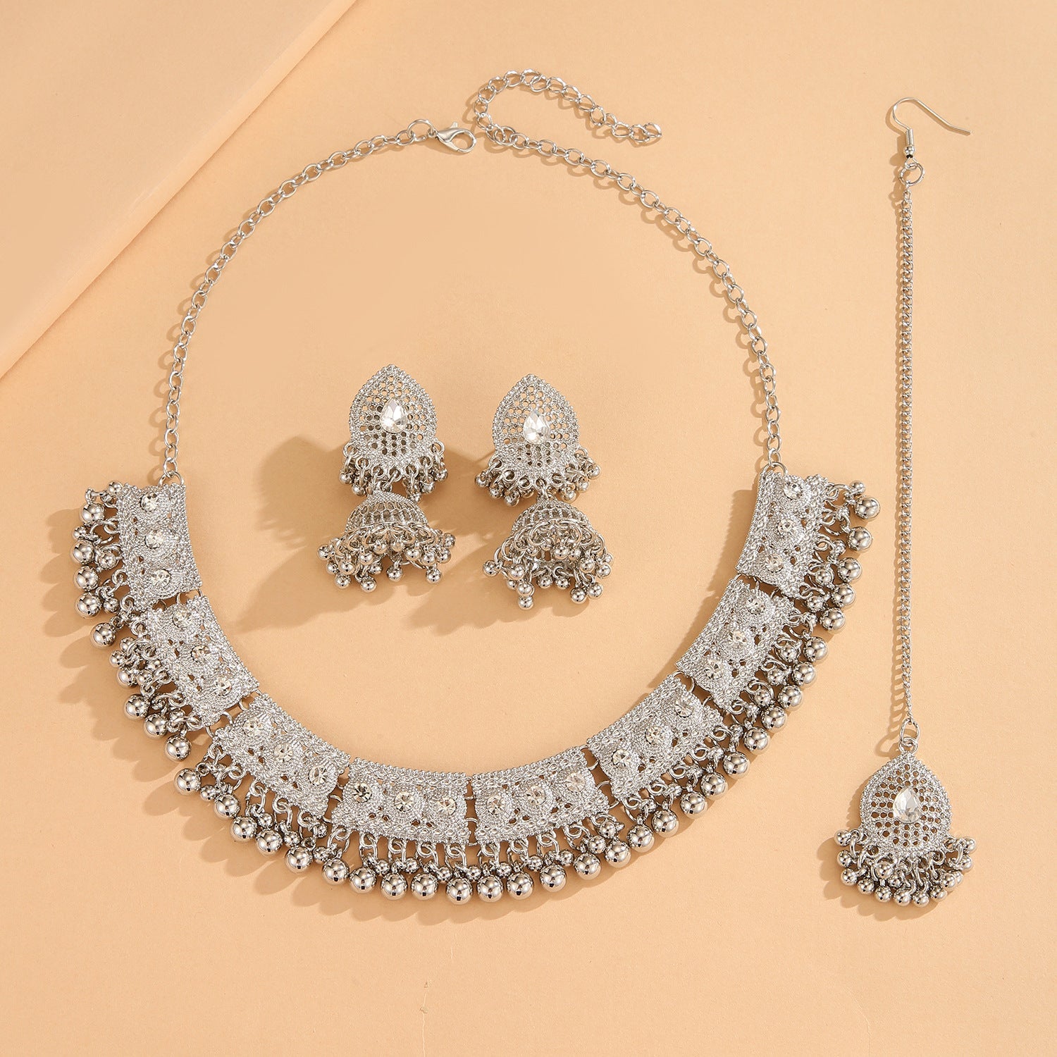 Bohemian Vintage Statement Necklace Earring Set, Ethnic Style Rhinestone Inlaid Jewelry Set For Women Party Festival Cosplay Outfit