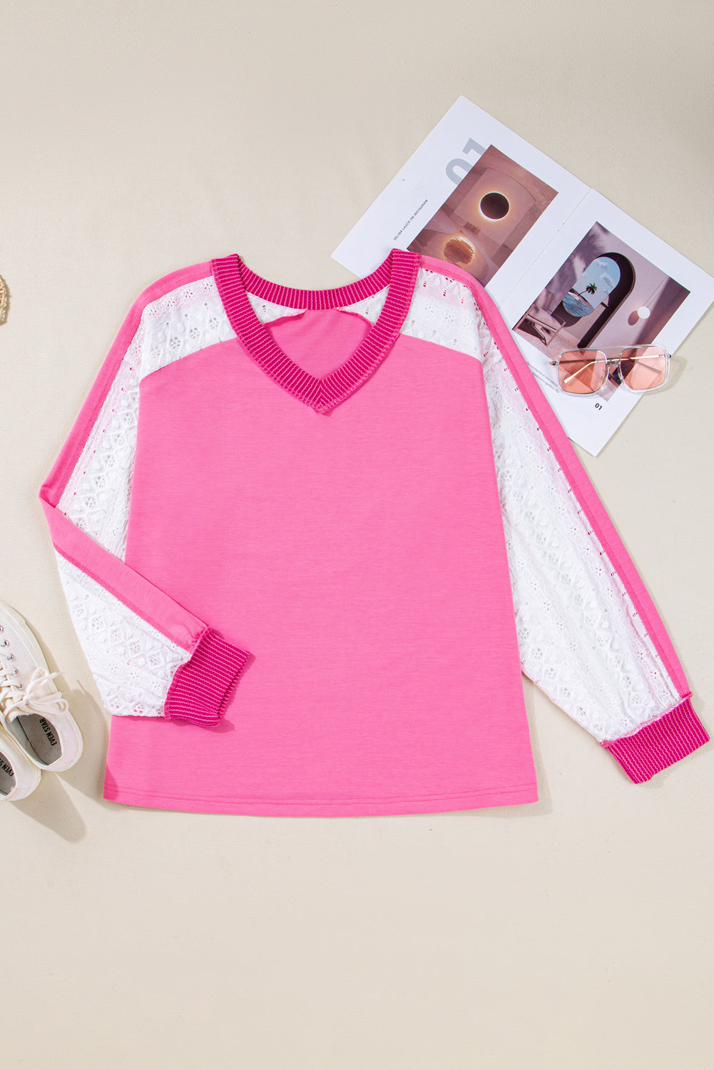 Plus Size Lace Patchwork Long Sleeve V-Neck Top