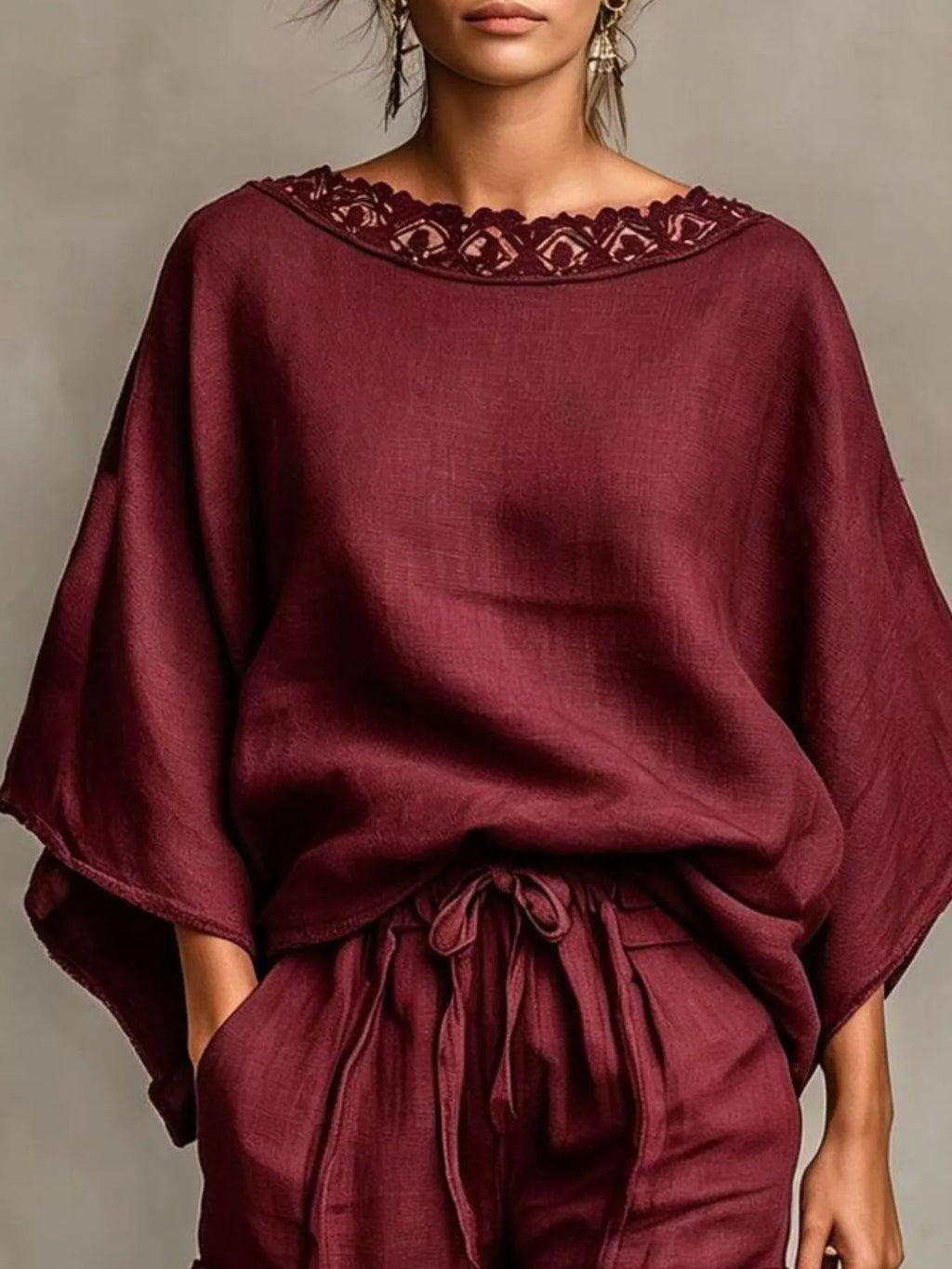 Lace Trim Top and Drawstring Shorts Set