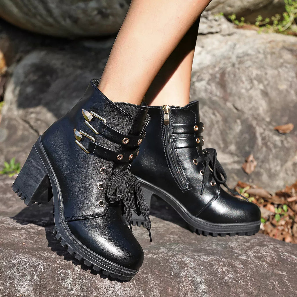 Lace Up Block Heels Boots