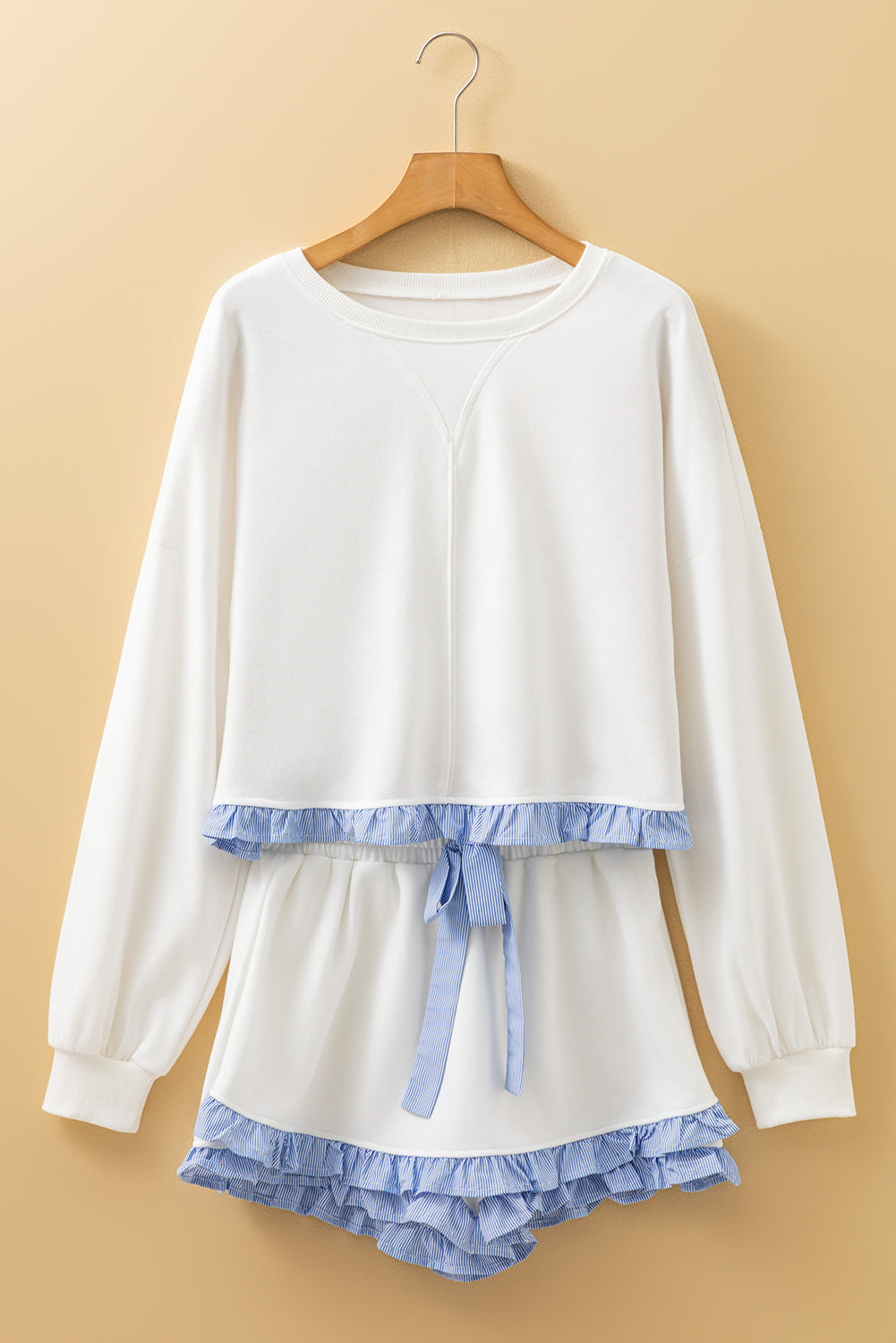 Ruffle Trim Patchwork Pullover and Shorts Set