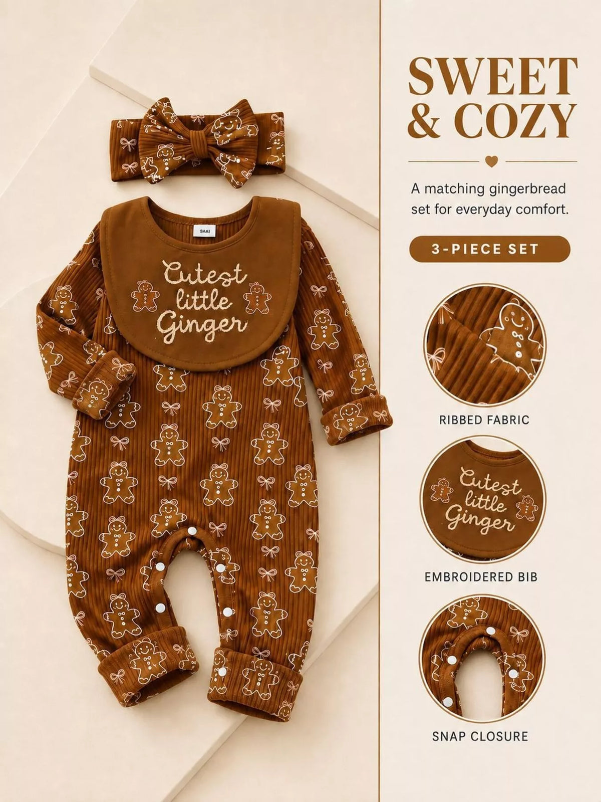 Children's Gingerbread Print Jumpsuit with Headband