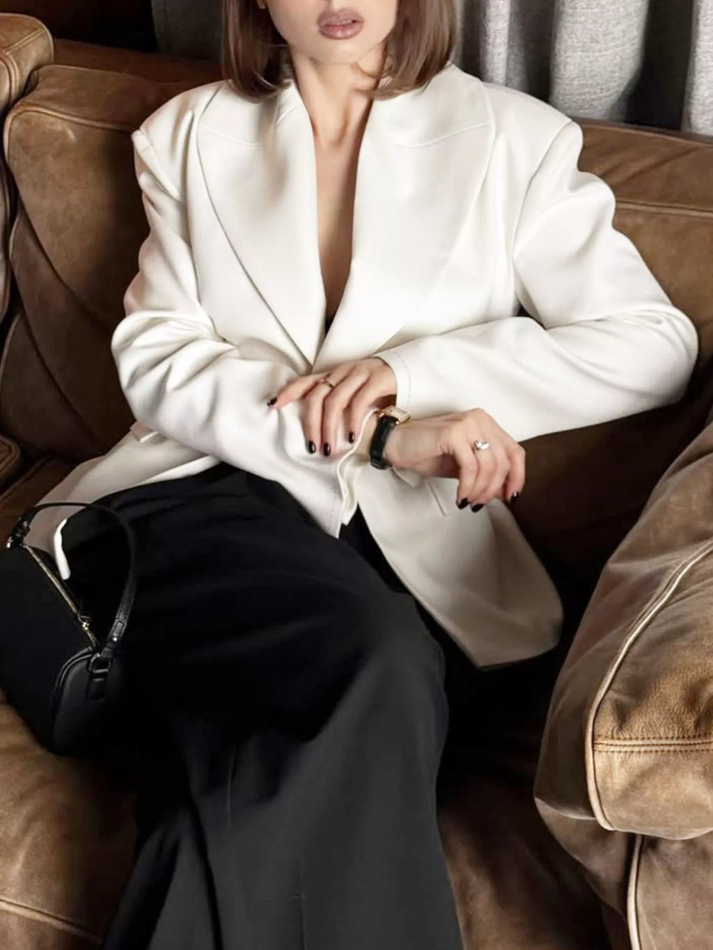 One Button Padded Shoulders Blazer