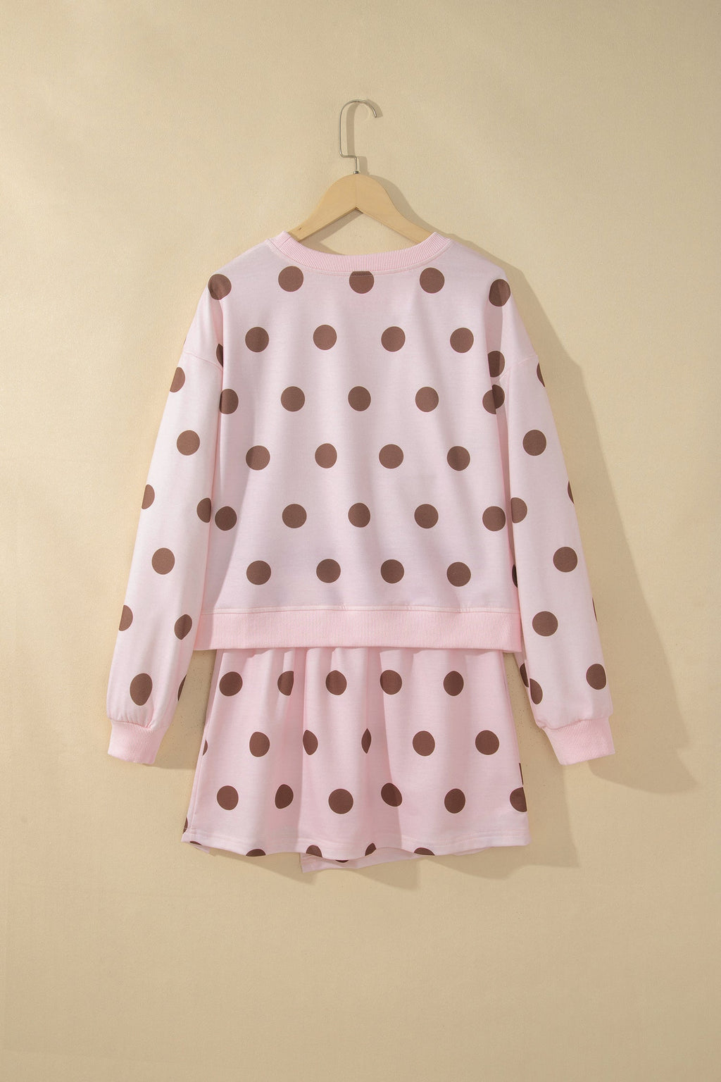 Pink Polka Dot Two Piece Set Long Sleeve Casual Skirt Set