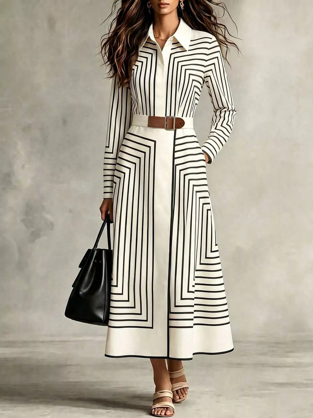 Geometric Striped Midi Shirt Dress