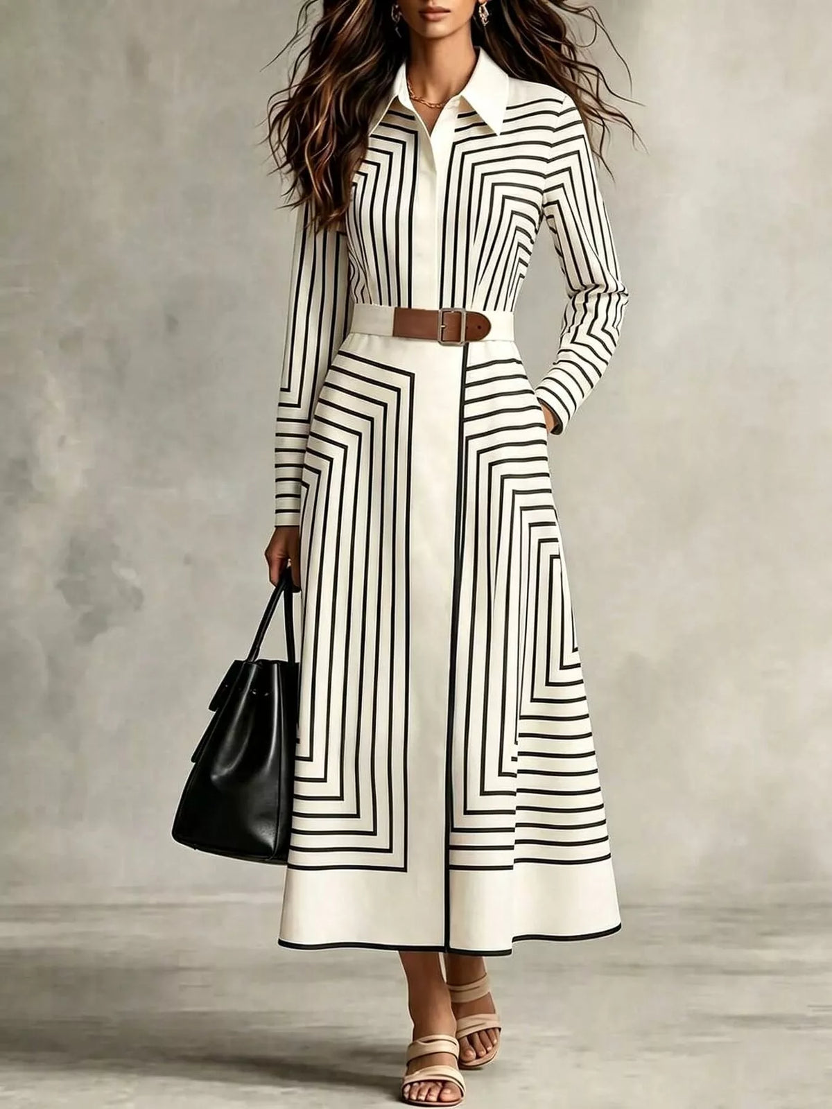 Geometric Striped Midi Shirt Dress