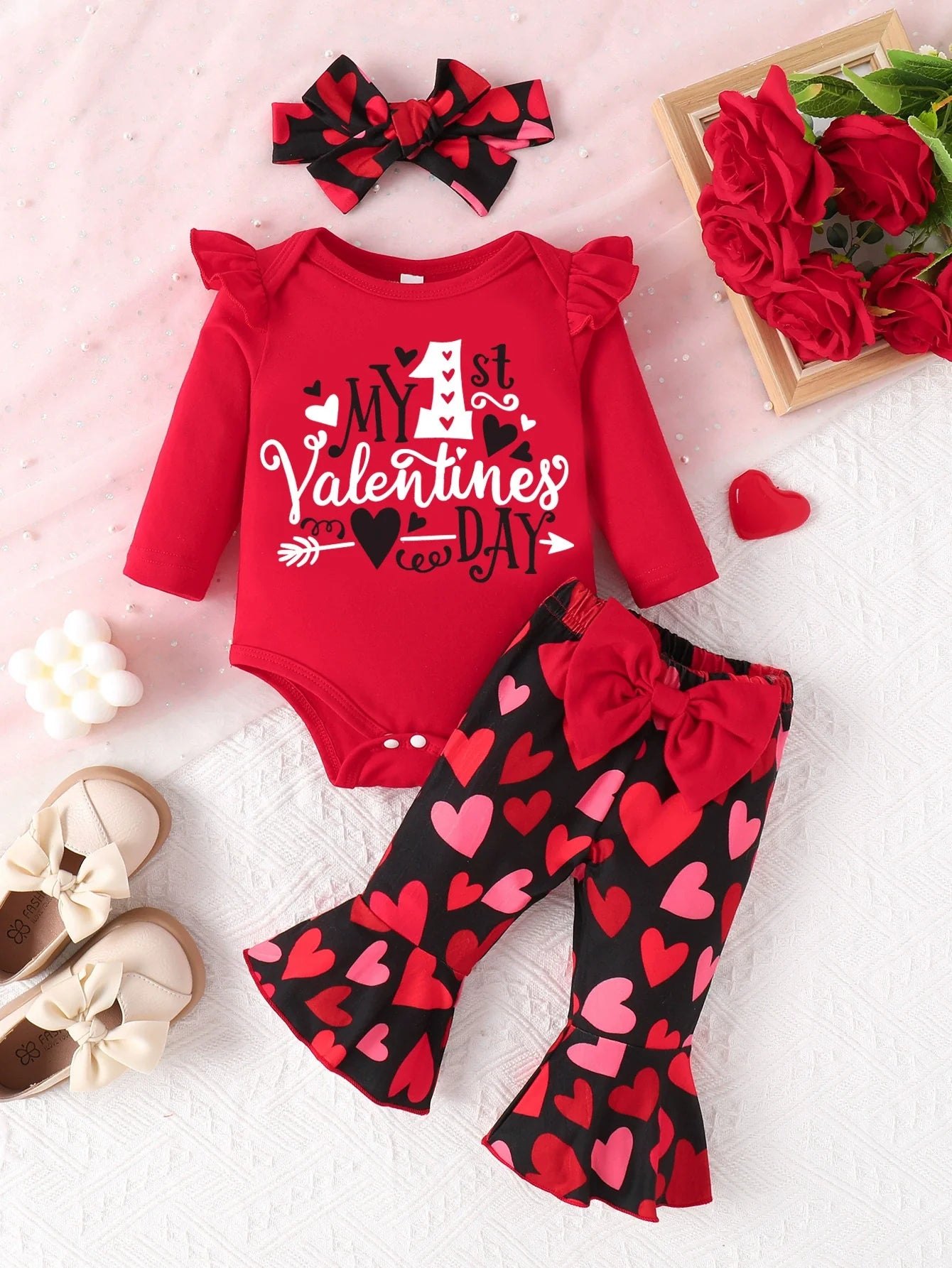 Children's Ruffled Bodysuit and Pants Set with Headband