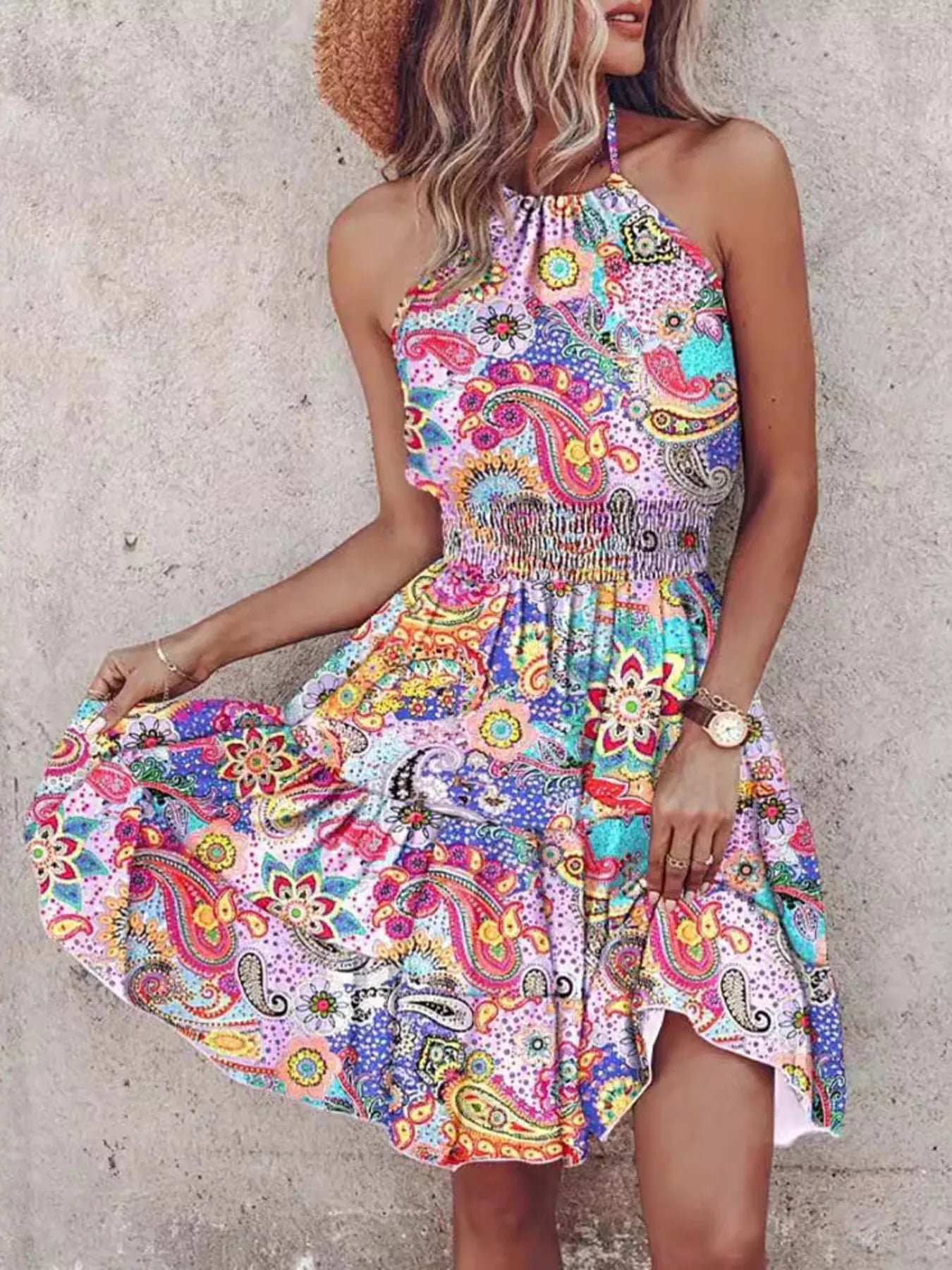 Bohemian Printed Halter Mini Dress