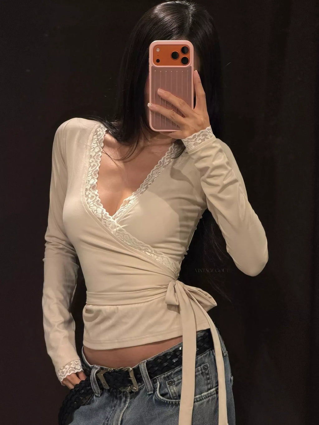 Lace-Trimmed Long Sleeves Wrap Blouse