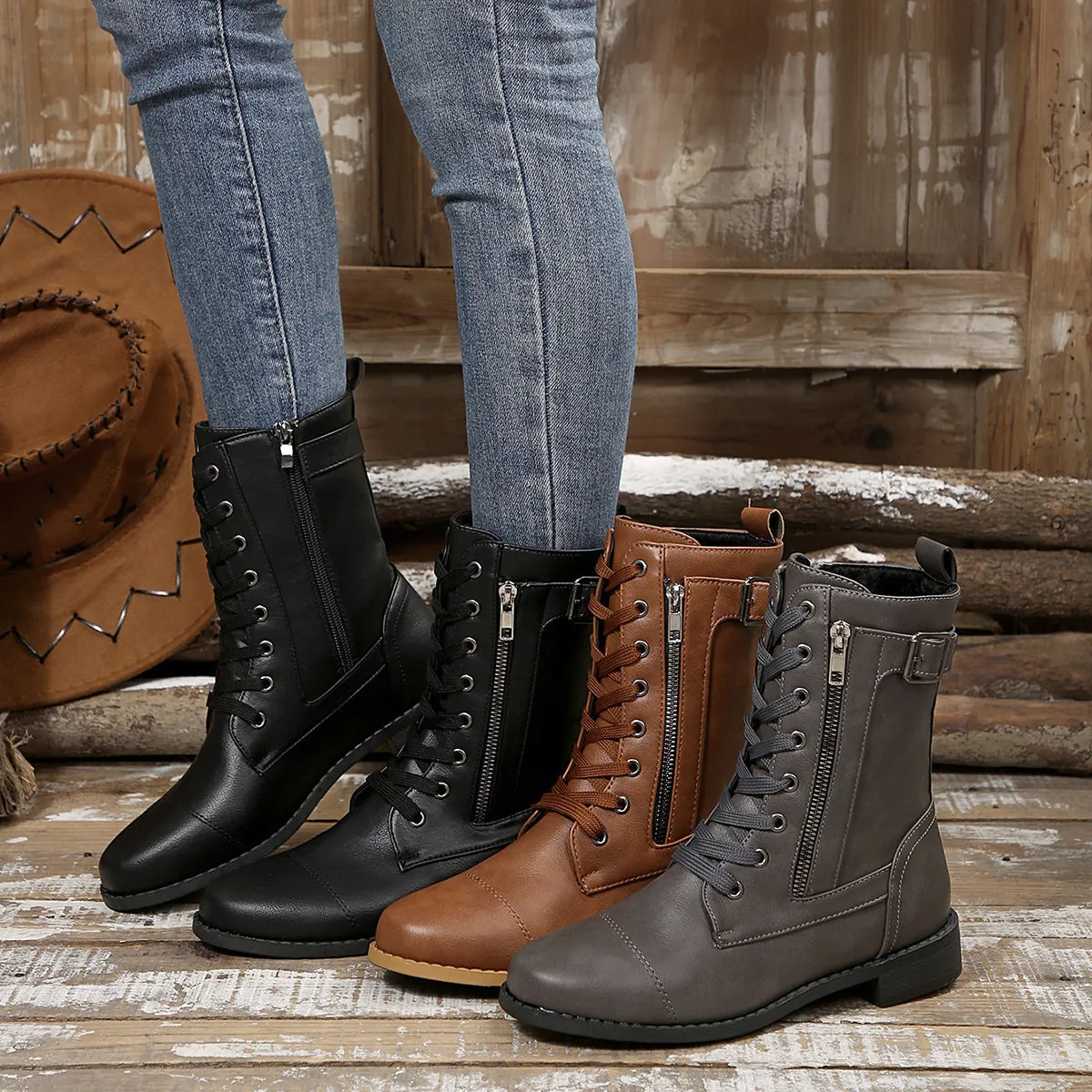 Round Toe Lace Up Block Heels Boots