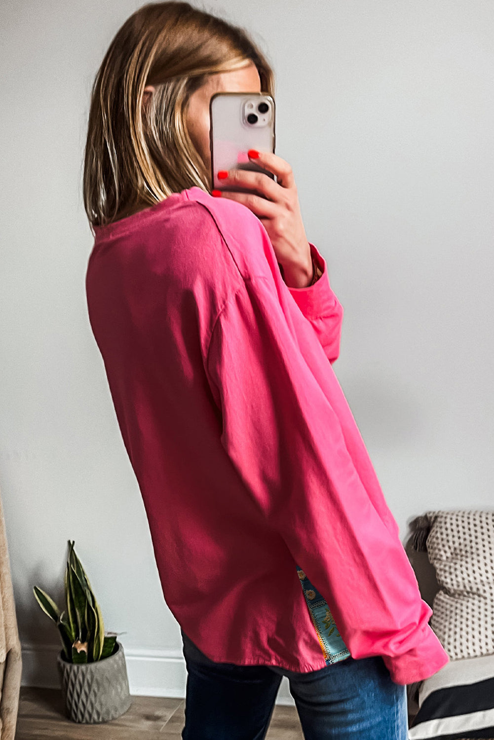 Strawberry Pink Floral Hemline Patchwork Round Neck Casual Top