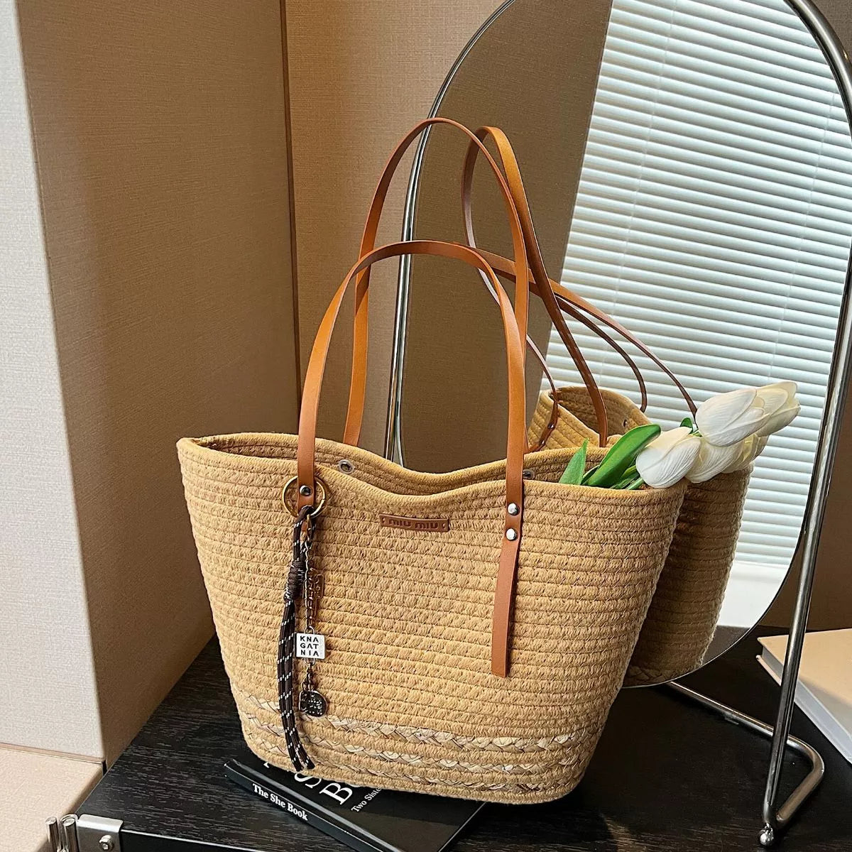 Woven Straw Tote Handbag with Leather Straps