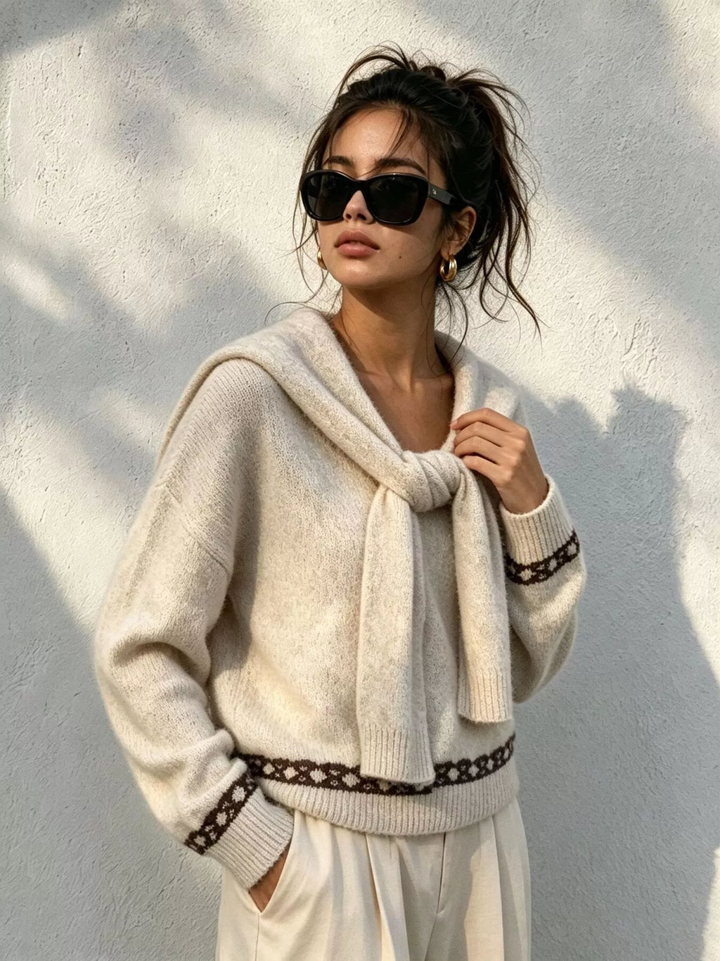 Scarf Detail Dropped Shoulder Sweater