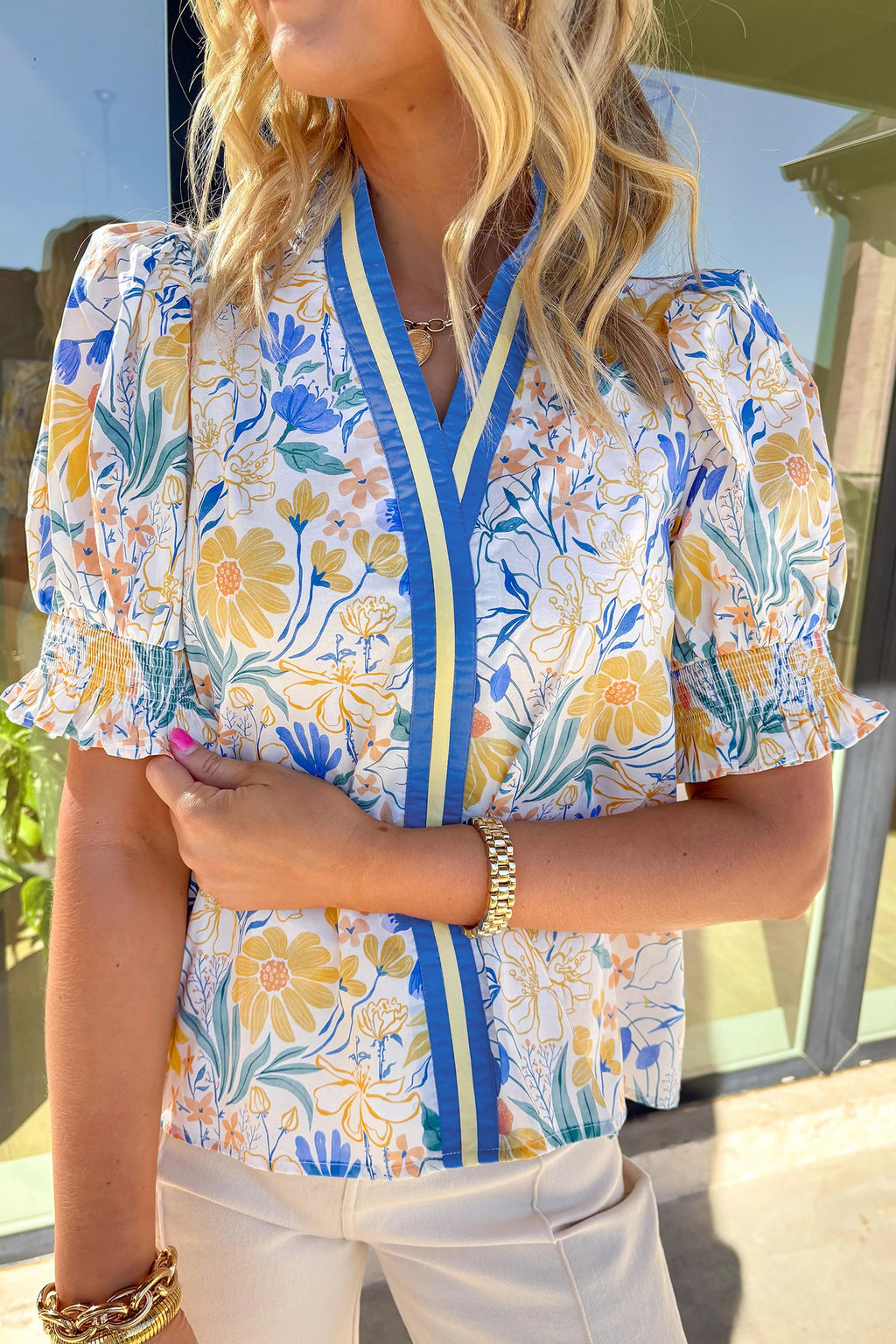 Yellow Floral Print Striped Trim V Neck Puff Sleeve Blouse
