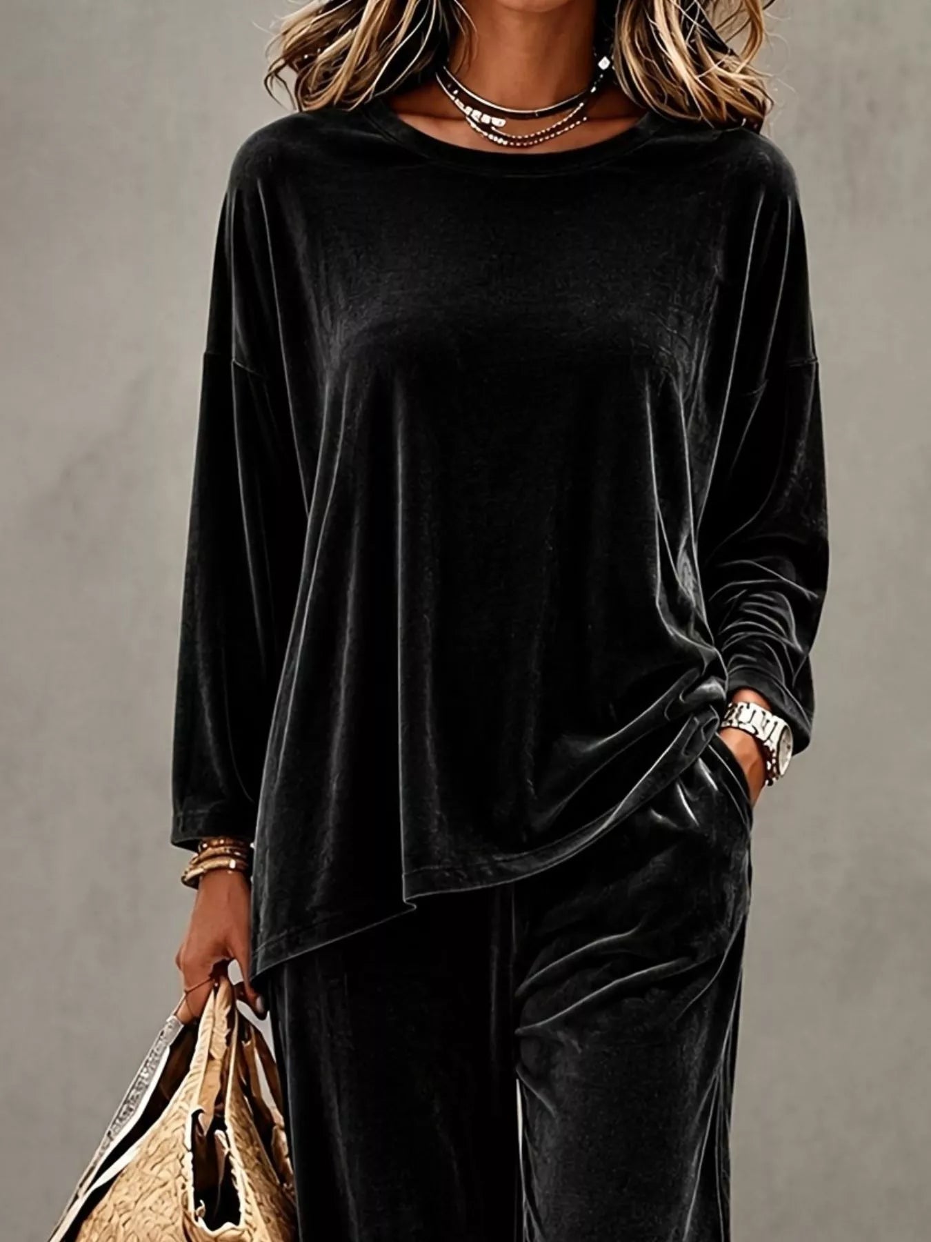 Full Size Velvet Long Sleeve Top and Pants Set Plus Size