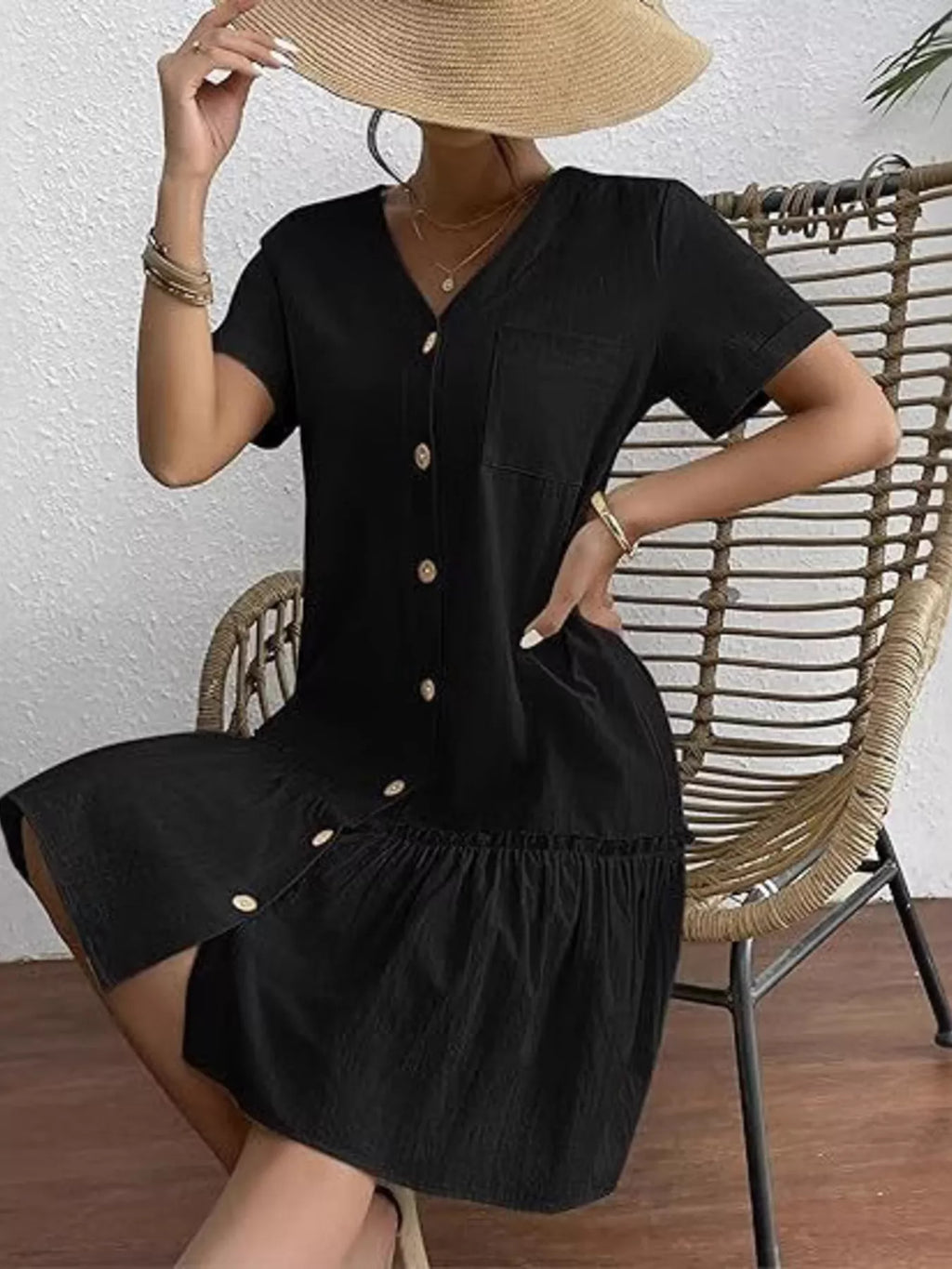 Full Size Button-Down Ruffle Hem Mini Dress Plus Size