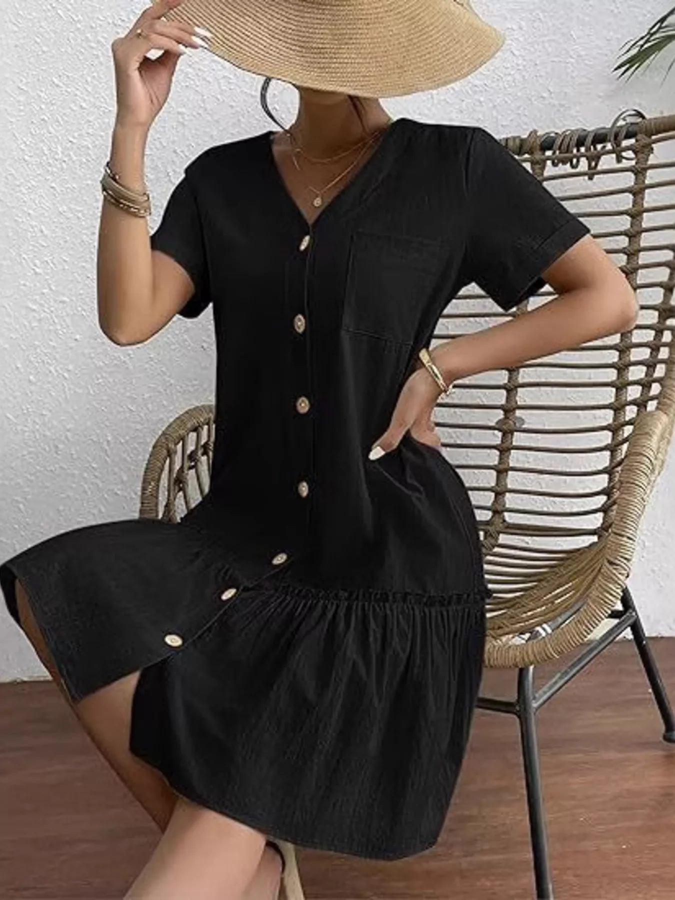 Full Size Button-Down Ruffle Hem Mini Dress Plus Size
