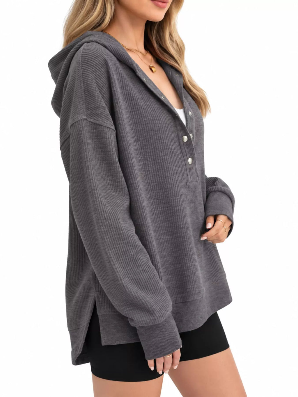 Full Size Snap Button Placket Dropped Shoulder Hoodie Plus Size