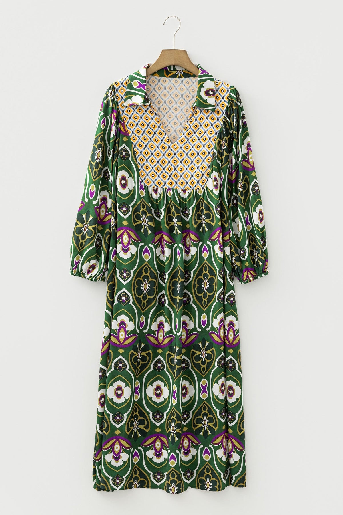 Plus Size Floral Patchwork Collared V-Neck Maxi Dress