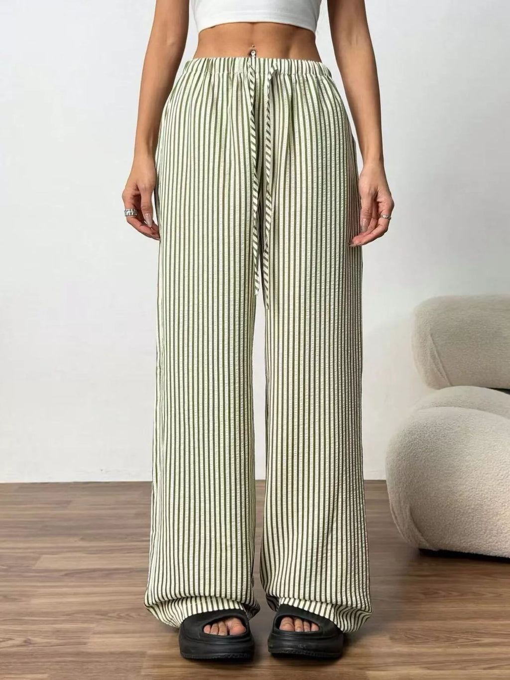 Full Size Striped Drawstring Waist Wide Leg Pants Plus Size