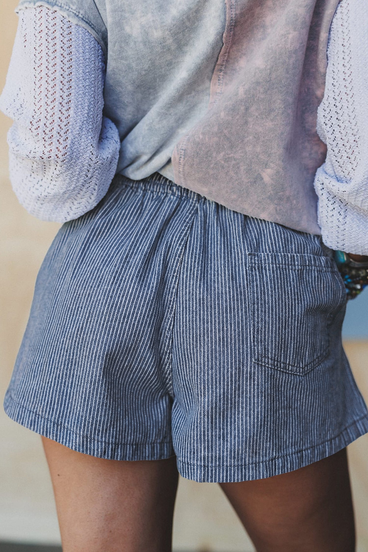 Blue Stripe Drawstring Elastic Waist Casual Denim Shorts
