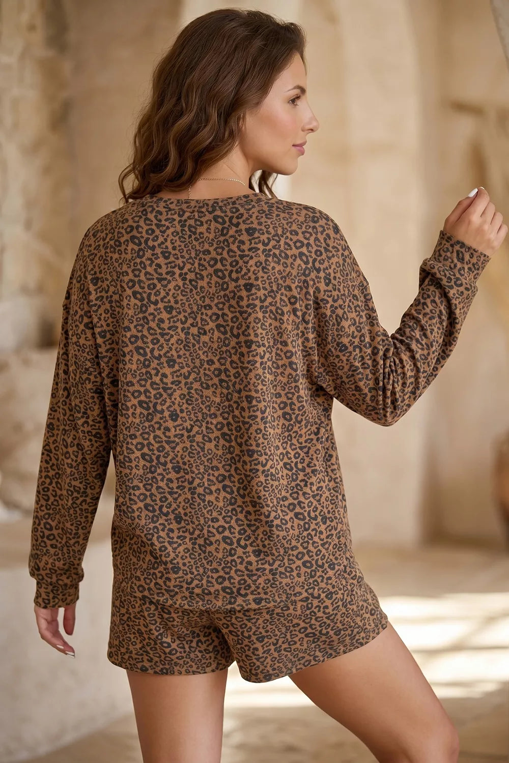 Leopard Print Long Sleeve Henley Top Elastic Waist Shorts 2pcs Outfit