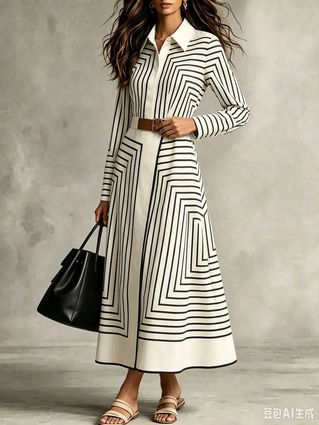 Geometric Striped Midi Shirt Dress