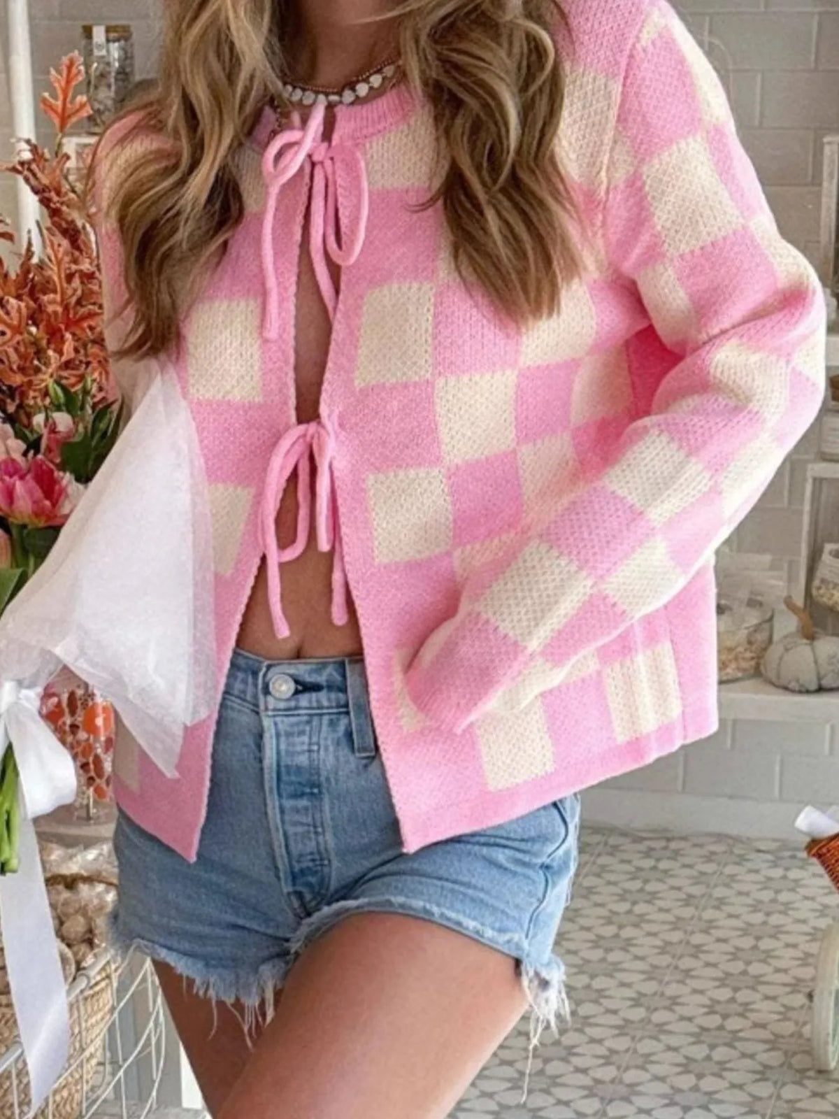 Checkered Tie-Front Cropped Knit Cardigan