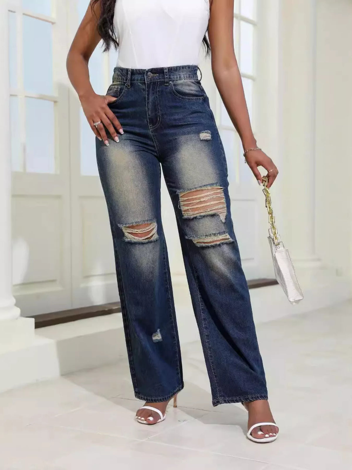 High-Waisted Distressed Wide-Leg Jeans