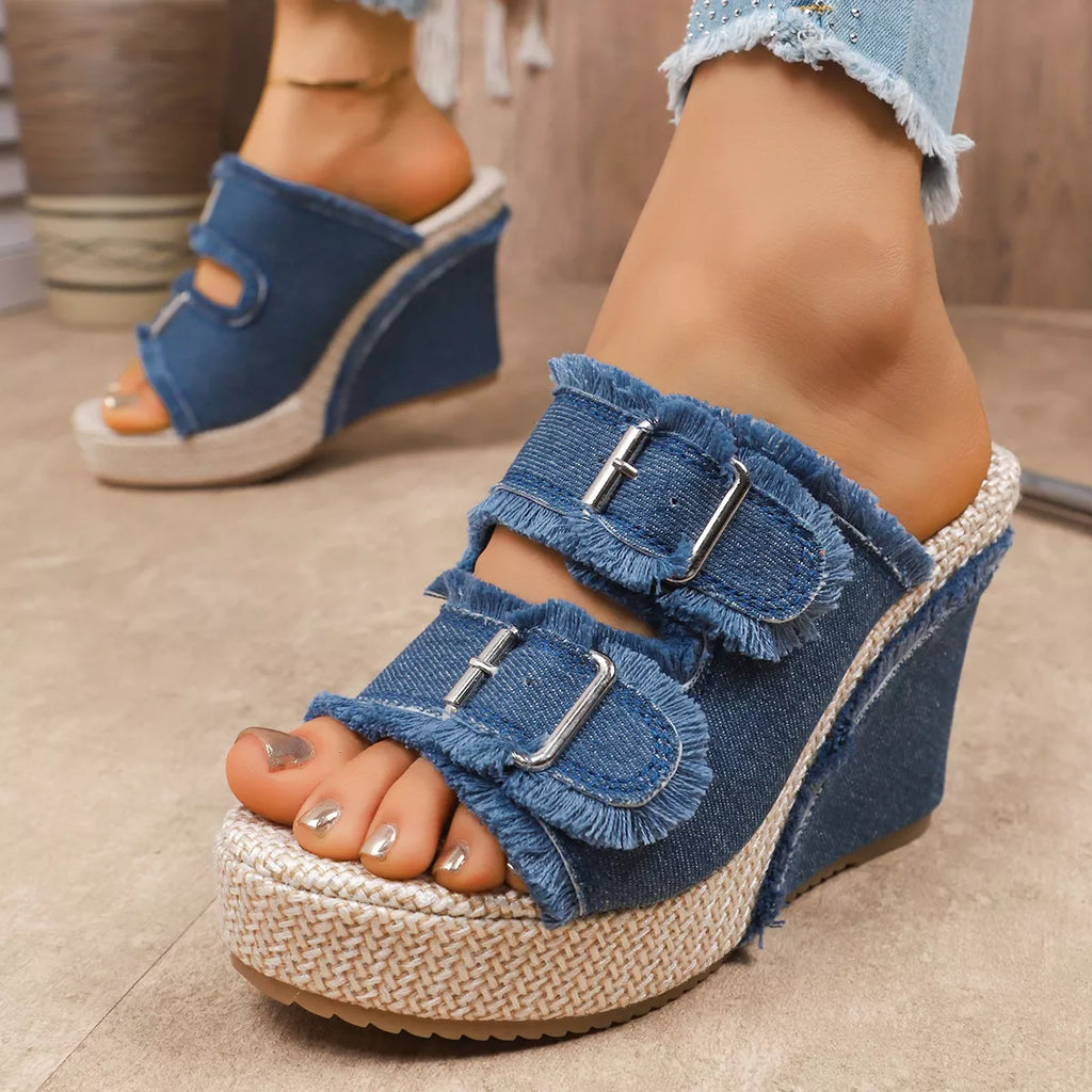 Double Buckle Wedge Sandals
