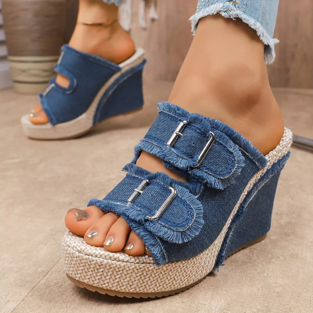 Double Buckle Wedge Sandals